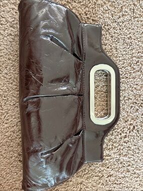 LOFT Patent Leather Clutch in Dark Brown with Silver Accent